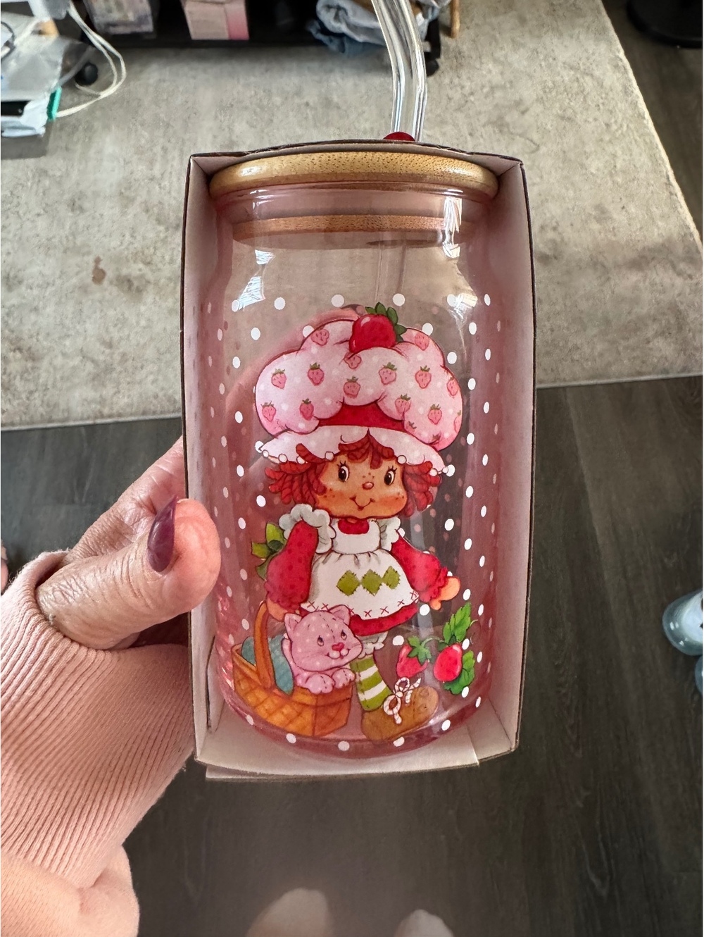 Strawberry Shortcake 16 oz glass tumbler with lid & straw new